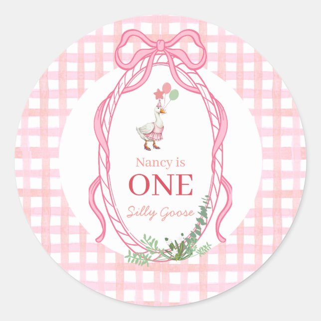 Pegatina Redonda Tonto Ganso Cumpleaños Primero Rosa  (Anverso)