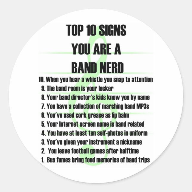 Pegatina Redonda Top 10 del nerd de banda (Anverso)