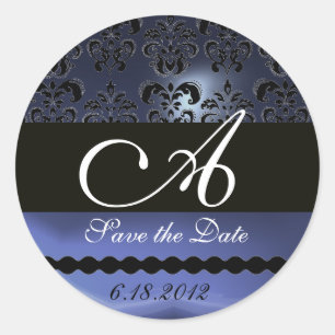 PEGATINA REDONDA TOPAZ NEGRO Y AZUL DAMASK MONOGRAM,
