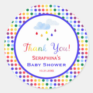 Pegatina Redonda Tormenta de lluvia arcoiris nubes Baby Shower Grac