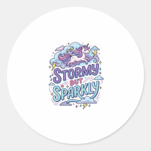 Pegatina Redonda Tormenta de unicornio pero brillante estilo retro 