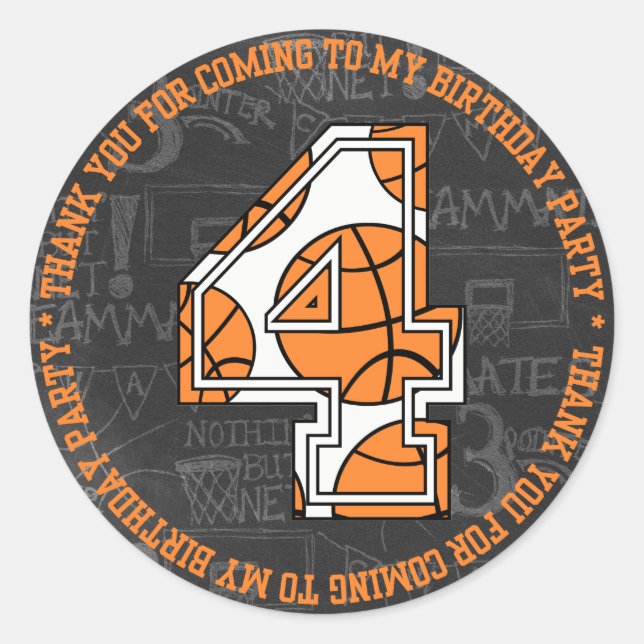 Pegatina Redonda Torneo de Baloncesto 4 cumpleaños Gracias (Anverso)