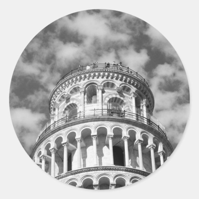 Pegatina Redonda Torre de Pisa Italia de inclinación blanca negra (Anverso)