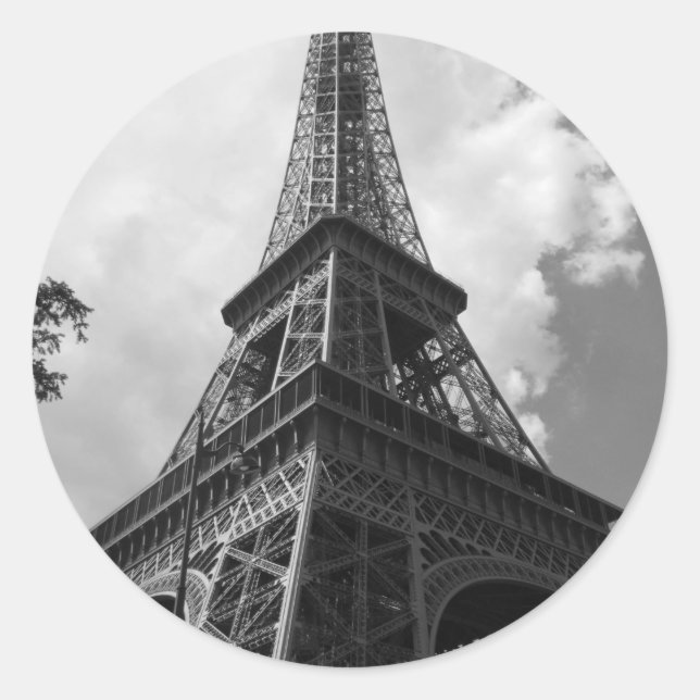 Pegatina Redonda Torre Eiffel Blanca y Negra en París (Anverso)