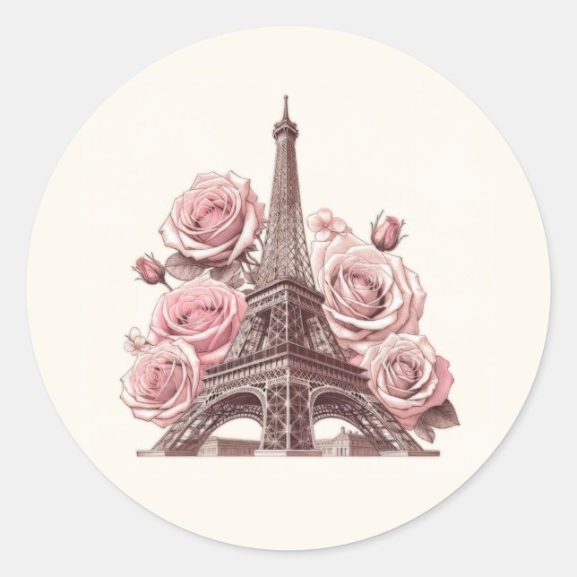Pegatina Redonda Torre Eiffel de París y rosas rosadas (Anverso)