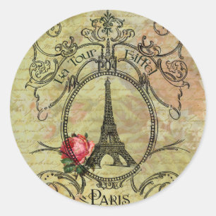 Pegatina Redonda Torre Eiffel de París y Steampunk Rosa Roja