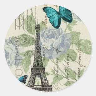 Pegatina Redonda Torre Eiffel floral azul de París de la mariposa