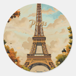 Pegatina Redonda Torre Eiffel París Viajes Estilo Vintage Arte Retr