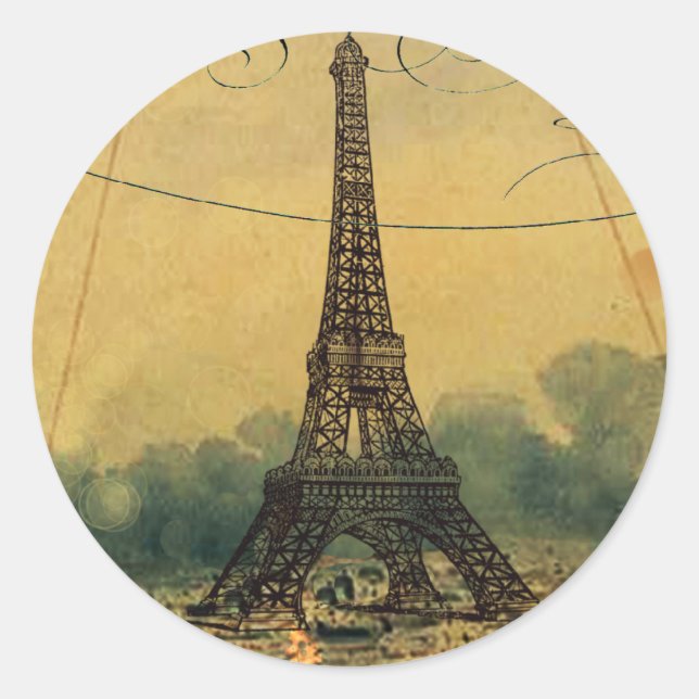 Pegatina Redonda Torre Eiffel Steampunk y globo de aire caliente (Anverso)