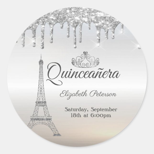 Pegatina Redonda Torre Eiffel, Tiara,Dris Plata Quinceañera (Anverso)