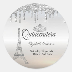 Pegatina Redonda Torre Eiffel, Tiara, Gotas de Plata Quinceañera