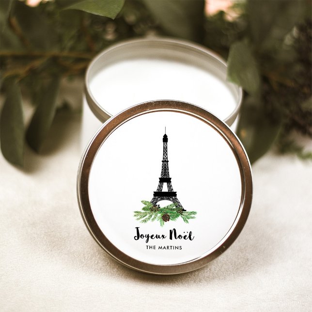 Pegatina Redonda Torre Eiffel y Pine | Joyeux Noel moderno (An elegant French Christmas sticker with the Eiffel Tower)