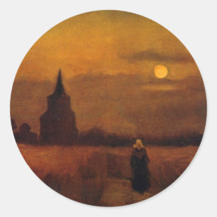 Pegatina Redonda Torre Vieja en los campos por Vincent van Gogh