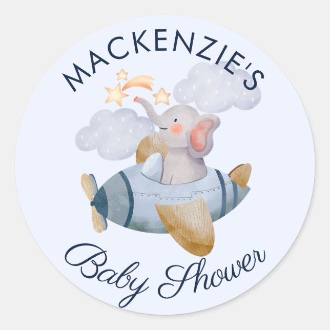 Pegatina Redonda Torrente de avión Elephant de Baby Shower Blue Boy (Anverso)