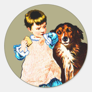 Pegatina Redonda Torta blanca del perro de Brown de la niña del