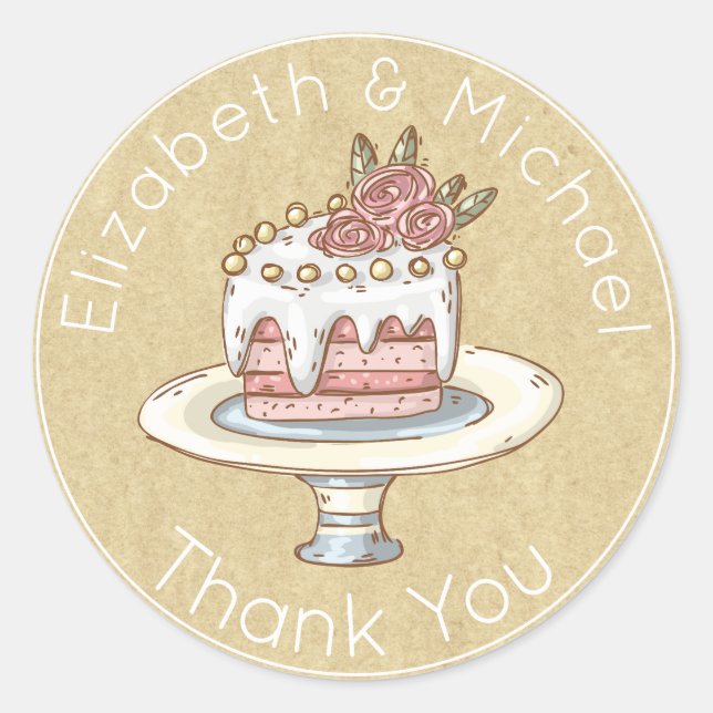 Pegatina Redonda Torta Boda caprichosa Gracias Favor Kraft Look (Anverso)