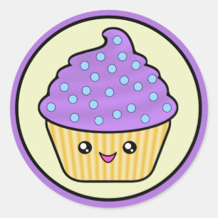 Pegatina Redonda Torta Cuppy Morada Kawaii
