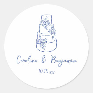 Pegatina Redonda Torta de boda azul francés con doodle personalizad