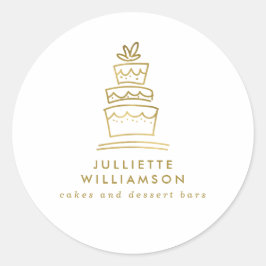 Pegatina Redonda Torta de boda dibujada a mano blanca y dorada