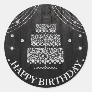 Pegatina Redonda Torta de botella negra plateada Feliz cumpleaños