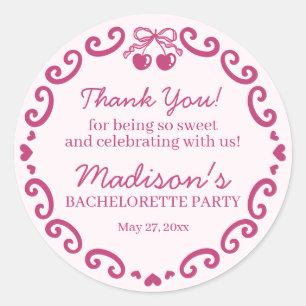 Pegatina Redonda Torta de Cereza Coquette Corazón Retro Rosa Desped