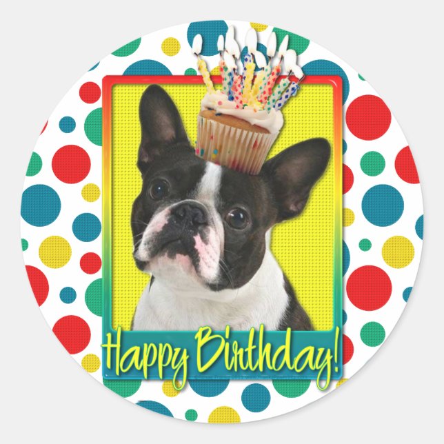 Pegatina Redonda Torta de cumpleaños - Boston Terrier (Anverso)