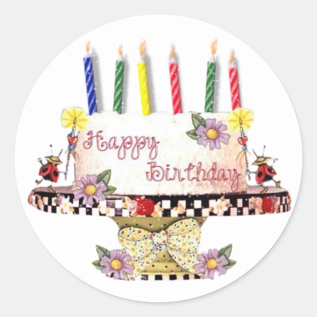 Pegatina Redonda Torta de Cumpleaños Feliz (Anverso)