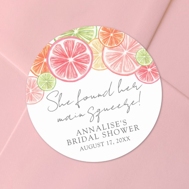 Pegatina Redonda Torta de Naranja para Despedida de Soltera (Main Squeeze Citrus Bridal Shower Classic Round Sticker)