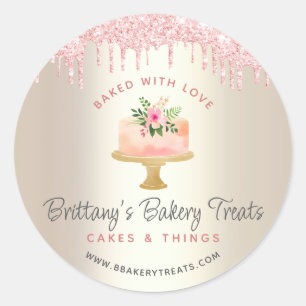 Pegatina Redonda Torta de oro horneada con amor Blush rosa brillo g