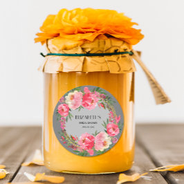 Pegatina Redonda Torta nupcial de acuarela con flores rosadas