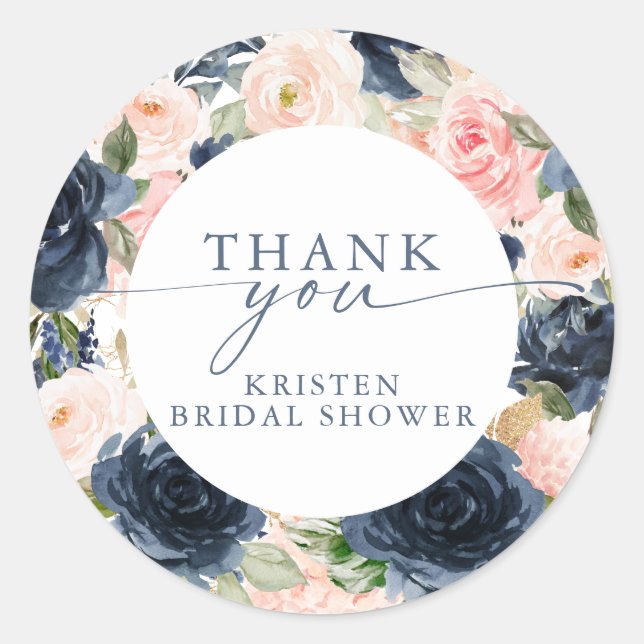 Pegatina Redonda Torta Nupcial de Bordes Florales Rosa de Acuarela  (Anverso)