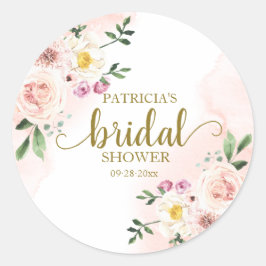Pegatina Redonda Torta Nupcial Floral Acuarela Rubor Rosa