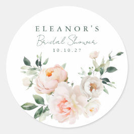 Pegatina Redonda Torta Nupcial Rosa Flor de Peonía con Acuarela