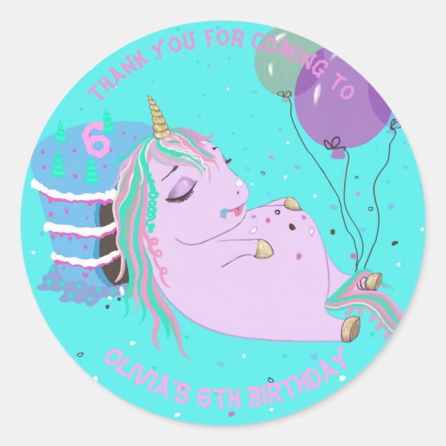 Pegatina Redonda Torta personalizada de unicornio de grasa (Anverso)