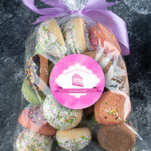 Pegatina Redonda Torta Rosa Acuarela Elegante Horneada Con Amor