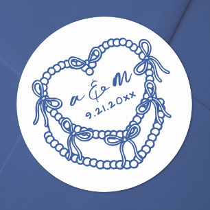 Pegatina Redonda Torta Vintage Dibujada a Mano Azul Caprichosa Boda