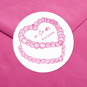 Pegatina Redonda Torta Vintage Dibujada a Mano Rosa Caprichosa Boda