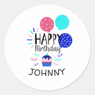 Pegatina Redonda Torta y globos Feliz Cumpleaños Textos -