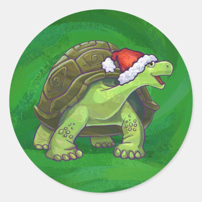 Pegatina Redonda Tortoise en Santa Hat en Green (Anverso)
