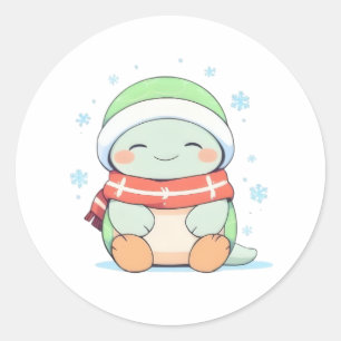 Pegatina Redonda Tortuga acogedora de invierno con diseño Kawaii de