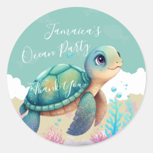 Pegatina Redonda Tortuga acuarela Océano Playa Cumpleaños Gracias