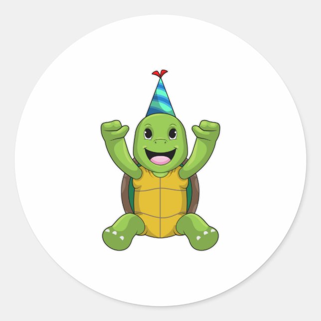 Pegatina Redonda Tortuga al cumpleaños con gorra Fiesta (Anverso)