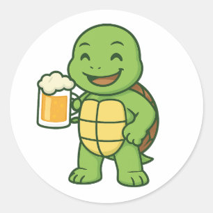 Pegatina Redonda Tortuga bebiendo cerveza