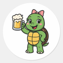 Pegatina Redonda Tortuga bebiendo cerveza