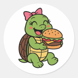Pegatina Redonda Tortuga comiendo una hamburguesa
