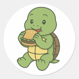 Pegatina Redonda Tortuga comiendo una hamburguesa 