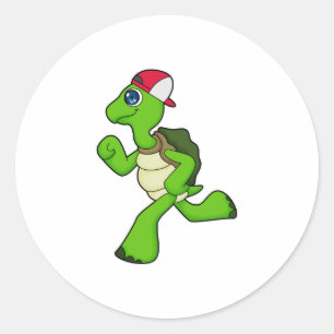 Pegatina Redonda Tortuga como corredora con gorra