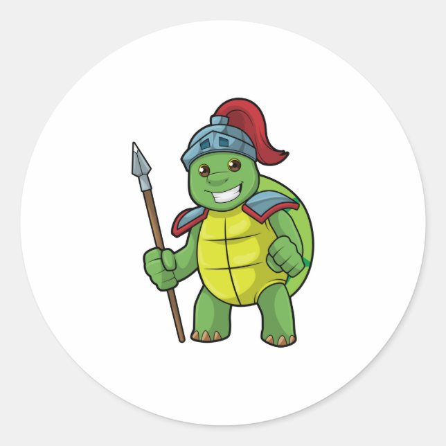 Pegatina Redonda Tortuga como guerrera con Spear y Helmet (Anverso)