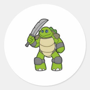 Pegatina Redonda Tortuga como guerrero con espada