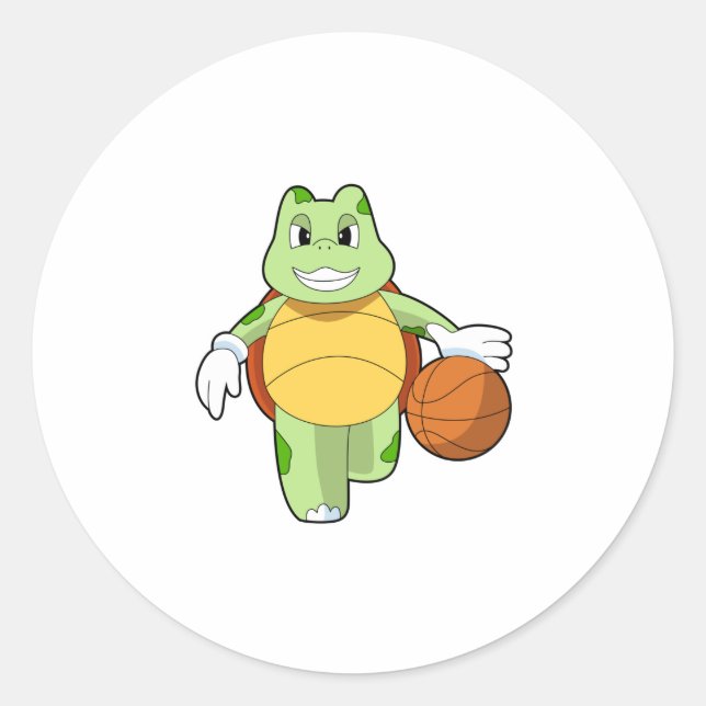 Pegatina Redonda Tortuga como jugador de baloncesto con baloncesto. (Anverso)
